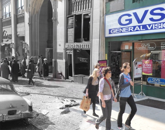 31 janvier 1961. Une explosion due à une fuite de gaz détruit complètement l’intérieur du 66 Court Street, blessant plus de 25 passants. © Marc Hermann. Tous les droits réservés.