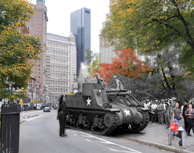 22 Juillet 1943. Ce tank M7 n’attaque pas la ville, il se déplace simplement de City Hall à la Grande Bibliothèque, 42ème Avenue. © Marc Hermann. Tous les droits réservés.
