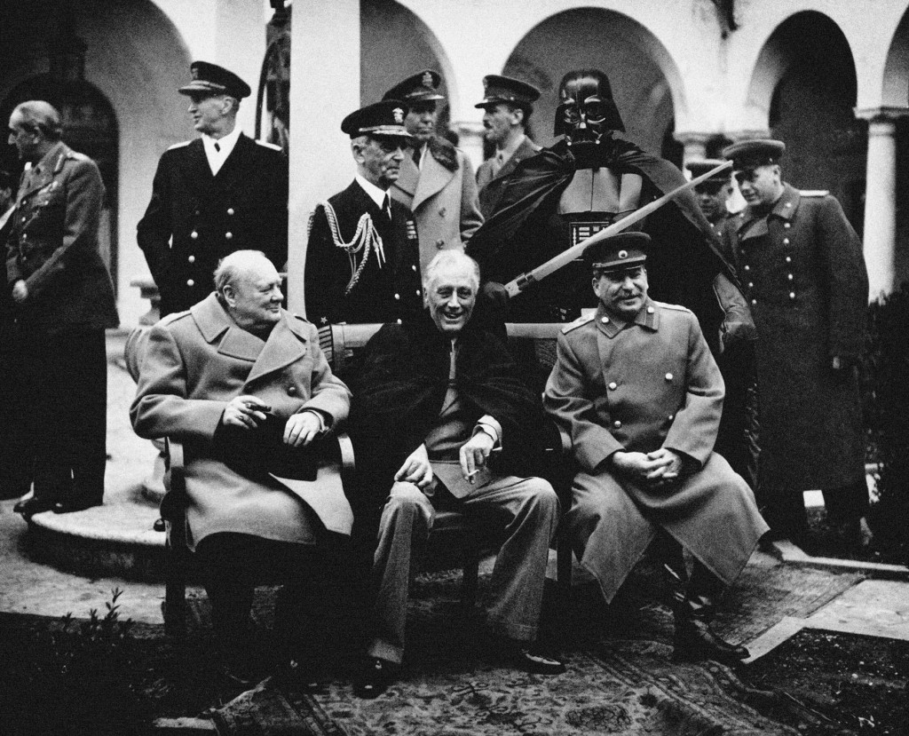Conference of the Big Three at Yalta makes final plans for the defeat of Germany. Here the "Big Three" sit on the patio together, Prime Minister Winston S. Churchill, President Franklin D. Roosevelt, and Premier Josef Stalin. February 1945. (Army) Exact Date Shot Unknown NARA FILE #: 111-SC-260486 WAR & CONFLICT BOOK #: 750