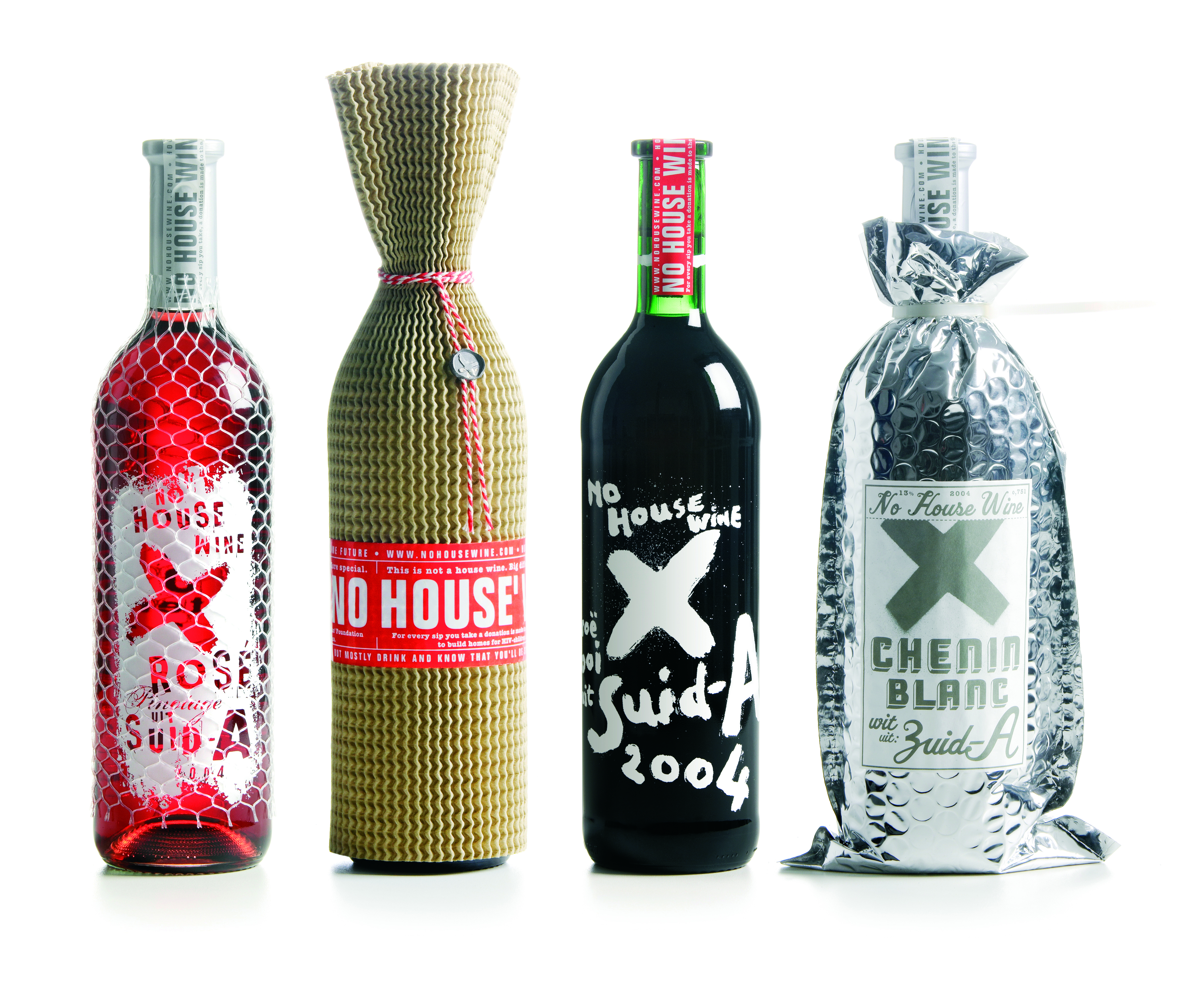 Studio Boot  No House Wine, design de bouteilles de vin, direction artistique, réalisation graphique et illustration Edwin Vollebergh, 7x30,4cm de 2008 à 2013. © Studio Boot, Pays-Bas 