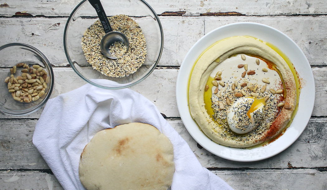HUMMUS & TAHINA WITH SOFT BOILED EGG EVERYTHING BAGEL SPICE
