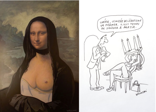Alex Varenne, Les seins de Mona Lisa, 2003. / George Wolinski, "Chérie, le musée de l'érotisme va fermer, il est temps de songer à partir". (c) Cornette de Saint-Cyr 